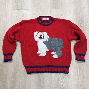 Vintage 80s Sheepdog Sweater Large Old English Dog Novelty Print Red Knit Bow